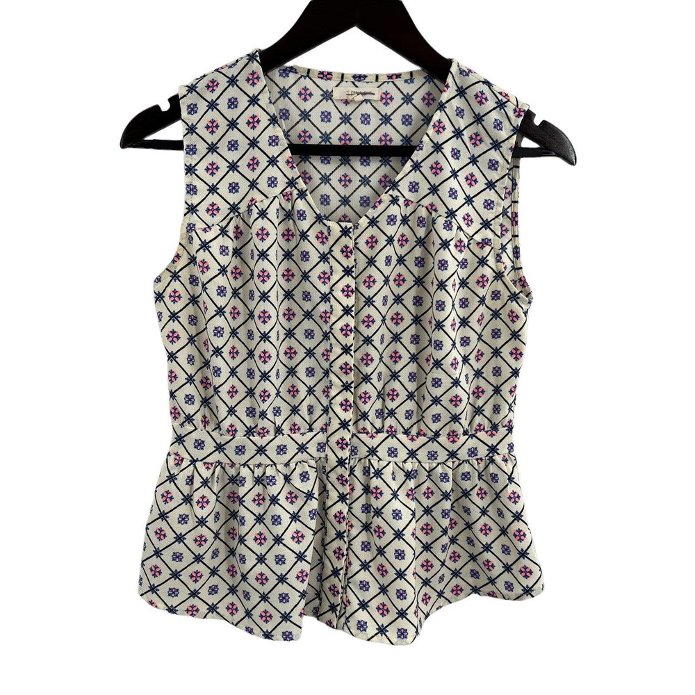 Tulle V Neck Patterned Peplum‎ Sleeveless Top Size XS